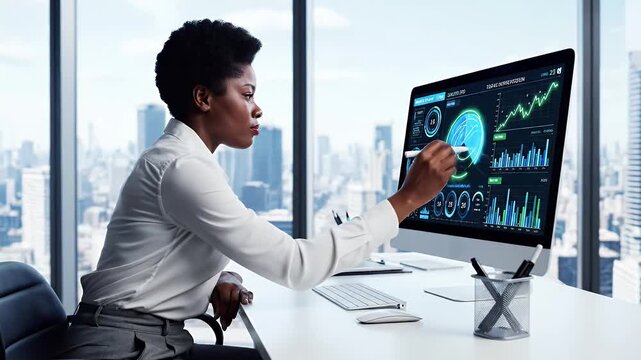 Businesswoman working on computer data analytics dashboard financial report stock footage modern office cityscape success professional businesswoman technology digital marketing investment analysis