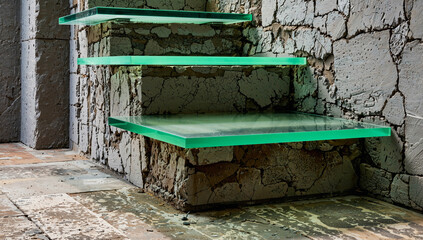 A close-up view of three green glass shelves attached to a weathered stone wall in a rustic setting
