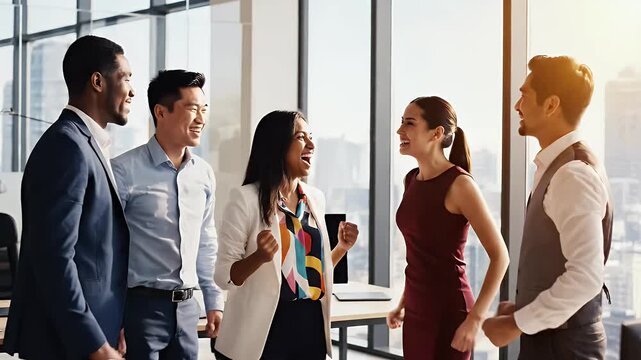 Diverse Business Team Celebrating Success High Five Victory Achievement Collaboration Happy Professionals Corporate Office Workplace Motivation Goal Success!
