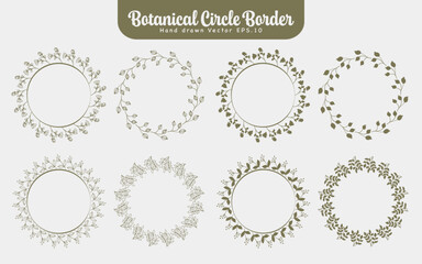 Botanical Green Circle Border Decorative Element Vintage Hand Drawn Wreath Collection.