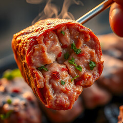 Meatball on skewer, cocked meat outside, evening barbeque 
