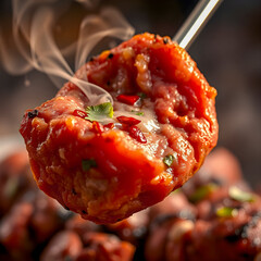 Fried chicken photography,Juicy Grilled Spicy Meatball with Chili and Fresh Herbs on a Skewer,meatball in smoke,Grilled Spicy Meatball