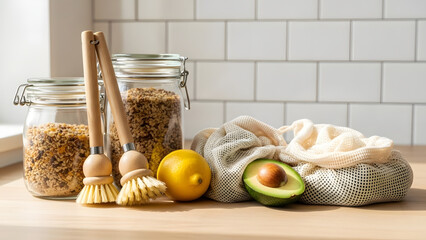 Eco-friendly kitchen items, including reusable produce bags, glass jars of grains, wooden brushes, a lemon, and an avocado, are displayed on a counter.