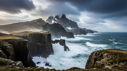 Cape Horn coastal landscape in southern Chile with rugged cliffs, stormy ocean waves, and dramatic skies