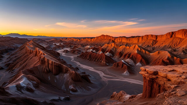 Valle de la Luna in Chile with sculpted rock formations and warm sunset colors, otherworldly desert scenery