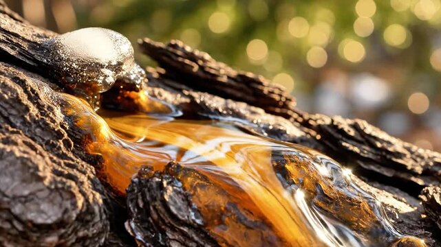 A close-up of amber liquid flowing from a cracked, dark brown surface