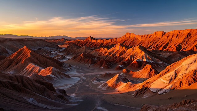Valle de la Luna in Chile with sculpted rock formations and warm sunset colors, otherworldly desert scenery