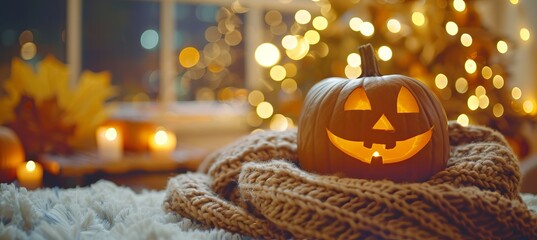 Cozy autumn themed living room with warm blankets and pumpkins on the coffee table decor