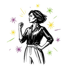 Woman Celebrating with Fireworks in Background.