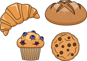 Assorted baked goods including croissant, bread, muffin, and cookie on a clean background