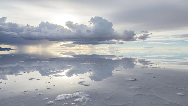 Salar de Uyuni in Bolivia reflecting the sky like a mirror, surreal landscape during rainy season