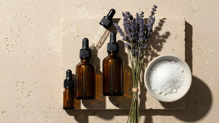 Amber glass bottles of essential oil and a fresh bunch of lavender flowers are elegantly arranged with bath salts on a light-colored textured stone surface, perfect for aromatherapy and spa concepts.