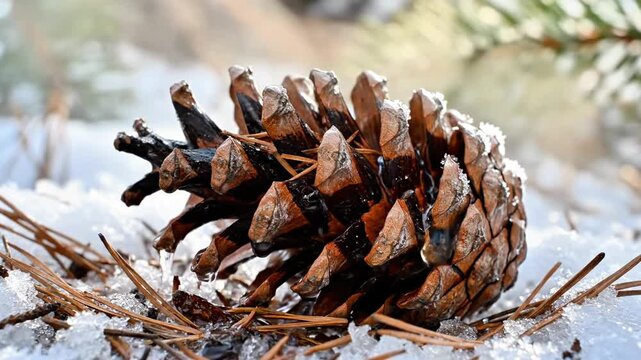 A large, brown pinecone lies on the ground, surrounded by scattered pine needles, with a dusting of snow on its surface and the ground around it