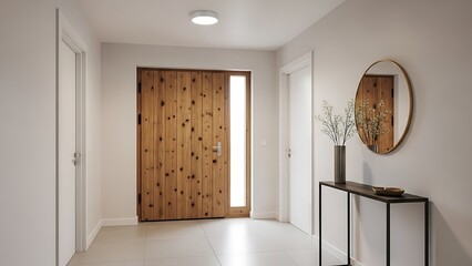 Well-lit hallway space featuring a wooden front door, plain white extra doors, and simple decor.