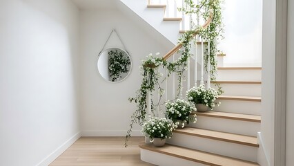 White simple corridor with floral decorations in home staircase