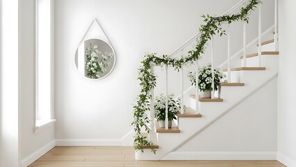 Comfortable budget-friendly white simple corridor with floral decorations in home staircase