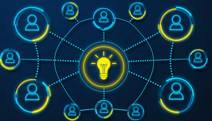 Network of illuminated lightbulb with multiple users icons, representing the idea of collaborative thought or idea sharing. The central light bulb represents the primary idea.