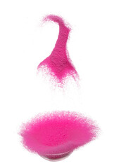Chocky Pink purple Sand flying explosion, violet sands grain wave explode. Abstract cloud fly, splash throwing in Air. White background Isolated high speed shutter, throwing freeze motion