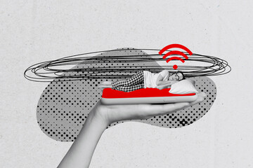 Contemporary artwork collage of sleepy girl lay pillow slumber wifi network connection phone screen hand hold relax addiction