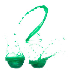 Green paint liquid fly in mid air, spill out glass bowl, apple vegetable juice falling scatter, explosion float in shape form droplet line. White background isolated freeze motion high speed shutter