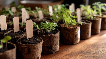 Small plants grow in pots on a wooden table in a bright indoor space with natural light
