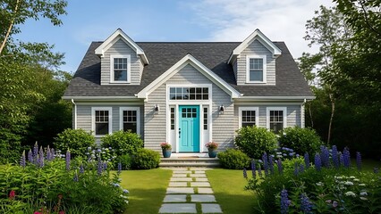 Comfortable budget-friendly a simple walkway to an Acadia style gray house with a turquoise door with transom windows