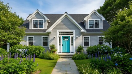 A simple walkway to an Acadia style gray house with a turquoise door with transom windows