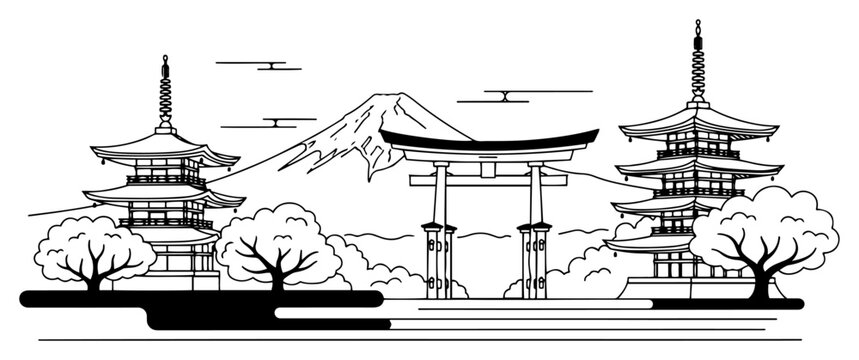 Japanese landscape featuring Mount Fuji and traditional pagoda temples