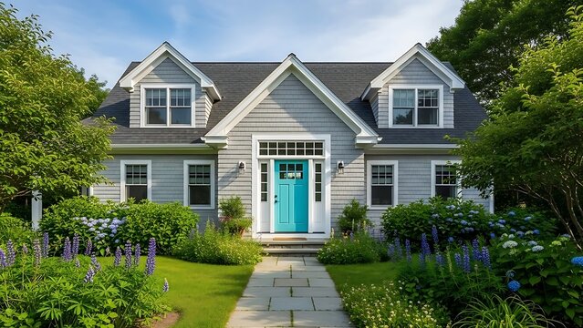 A simple walkway to an Acadia style gray house with a turquoise door with transom windows