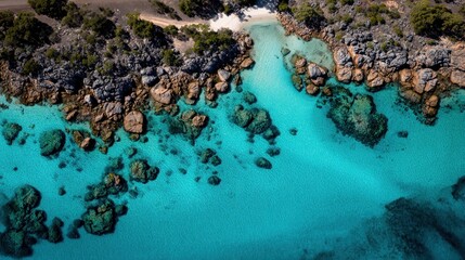 Aerial view reveals vibrant turquoise ocean meeting rugged, rocky shoreline and small sandy inlet