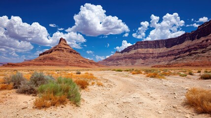 Arid western landscape displays dramatic rock formations under a bright blue sky dotted with cumulus clouds.