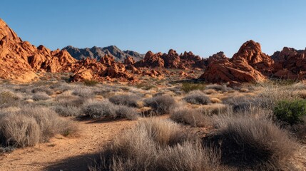 Vibrant orange rock formations dominate the horizon above arid scrubland under a clear blue sky.