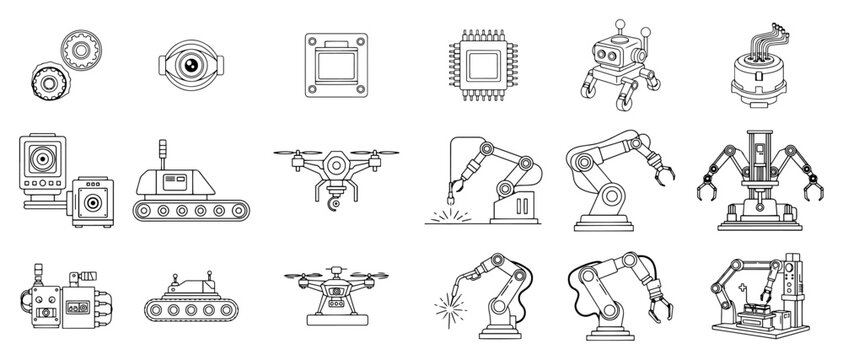 Industrial technology icons collection featuring robotic arms drones and electronic components