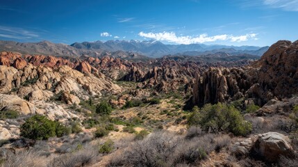 Jagged rocky terrain stretches out beneath towering, snow-capped mountains under a clear blue sky