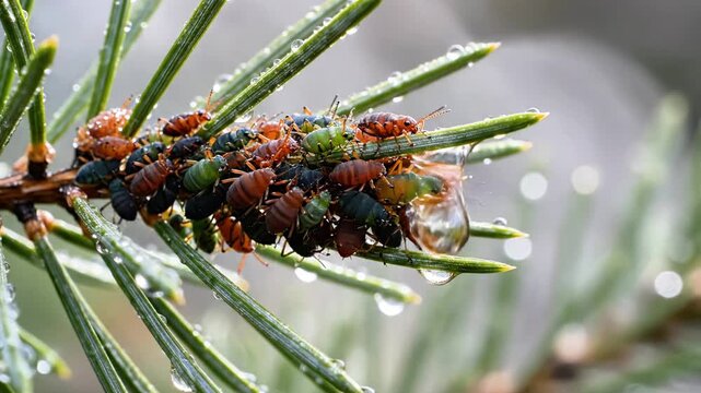 A close-up photo of a pine branch with water droplets on needles and a fuzzy insect