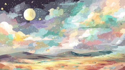 Stylized painting depicts a vibrant, moonlit night sky over a distant, low horizon