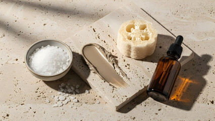 Natural spa essentials, including sea salt, a clay mask, a loofah, and a dropper bottle, are artfully arranged on a textured stone surface with dappled sunlight.