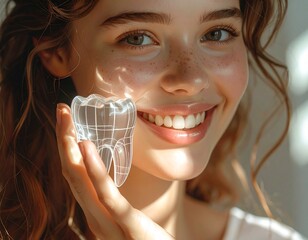 Young Model Making Cute Expression While Holding Transparent Tooth