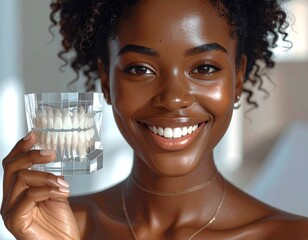 Half-body Profile of Model Holding Transparent Tooth, Confident Pose