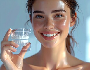 Model's Clean Skin and Smile Seen Behind Transparent Tooth Model
