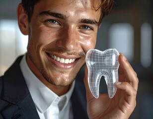 Male Model Holding Transparent Tooth Model, Men's Dental Care Concept