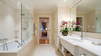 Bathroom of a luxurious house with bathing area from the left side surround by glasses and a silver faucet with white washstand in front of a rectangle shaped mirror, there is an ornamental plant