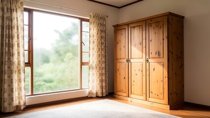 Comfortable budget-friendly a modestly designed room featuring a wooden wardrobe, patterned curtains, and a large window allowing natural light to pour in.