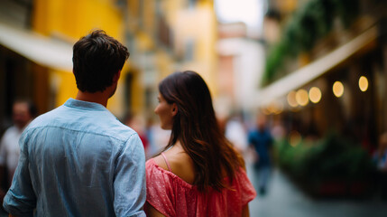 Fototapeta premium Couple walking through a European-style street, faceless travel romance, sightseeing mood, defocused architecture, with copy space
