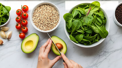 A person's hands carefully slice a fresh avocado on a marble counter surrounded by various healthy food ingredients.