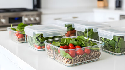 Multiple transparent meal prep containers filled with healthy quinoa, cherry tomatoes, and spinach are neatly arranged on a white kitchen counter.