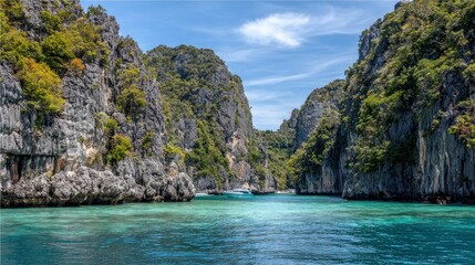 Towering limestone karsts rise dramatically from the clear turquoise tropical ocean waters.