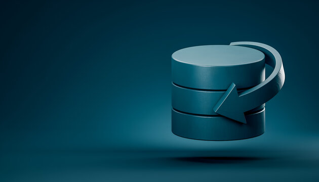 3D Database Backup and Restore Icon with Circular Arrow on Teal Background and Copy Space