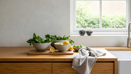 A bright kitchen counter made of natural wood features bowls of fresh green leaves and citrus fruits next to a sunlit window.