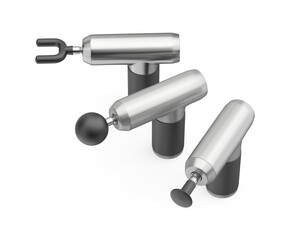 Three massage guns with different massage heads on white background